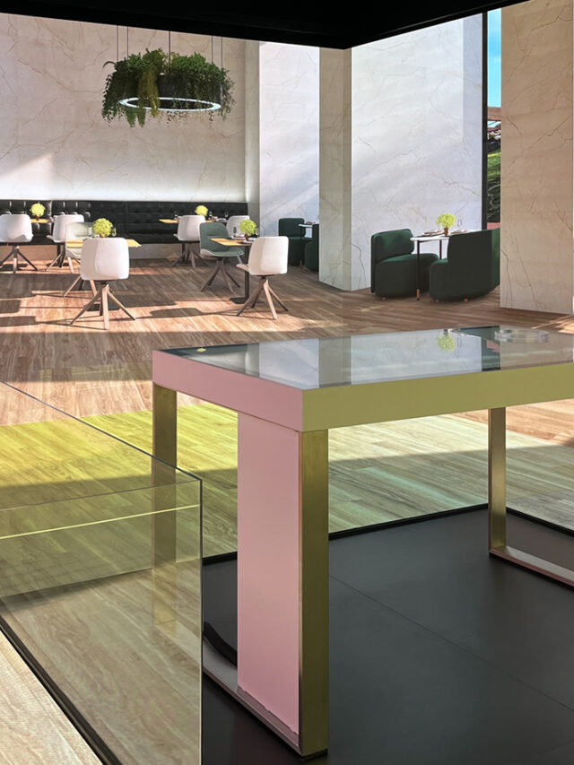 Rotating tile stands for display in limited space.