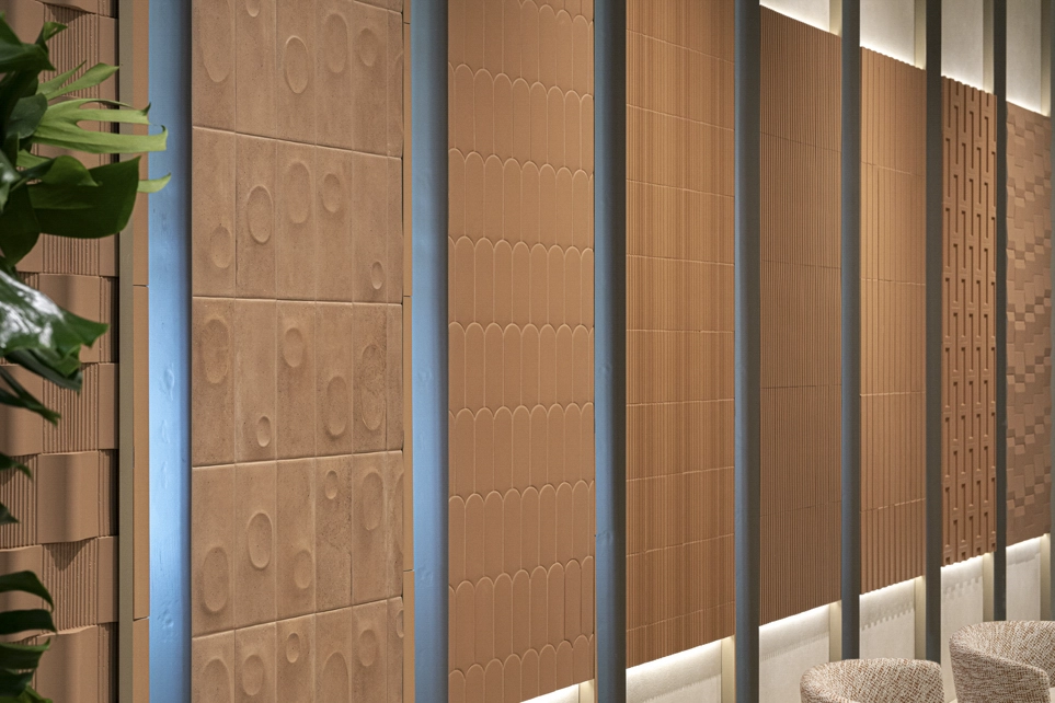 Exhibition stand design featuring terracotta and warm tones