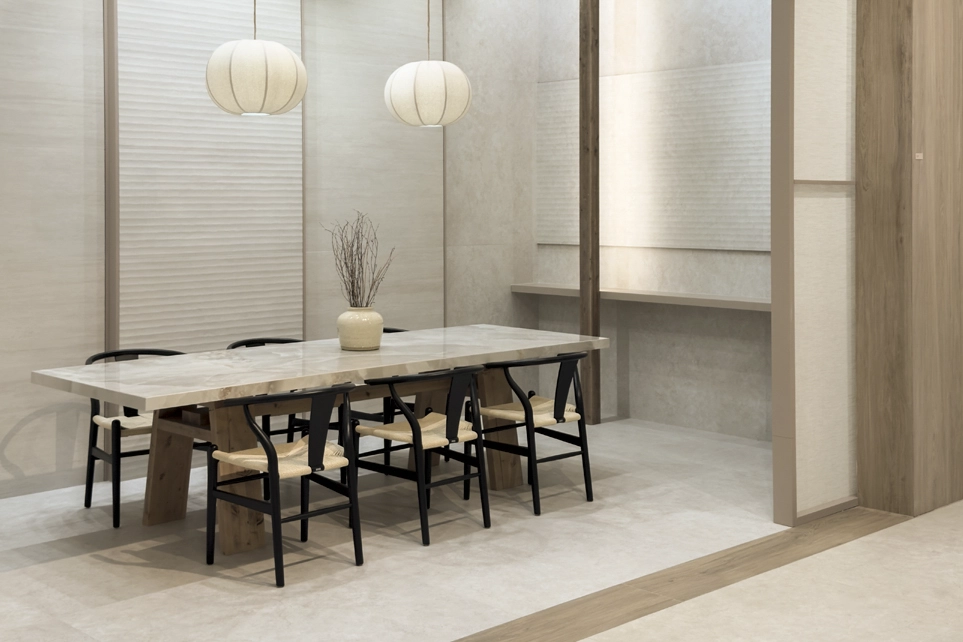 Exhibition stand with lighting highlighting subtle tile colour variations