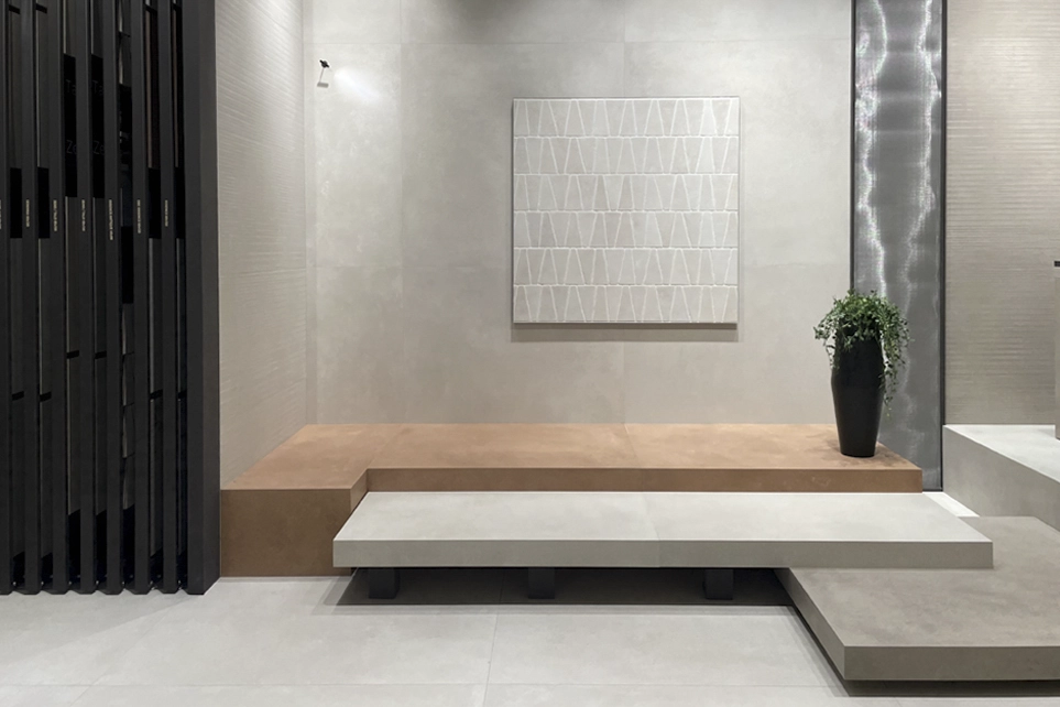 Custom exhibition stand for a tile manufacturer at Cersaie 2026