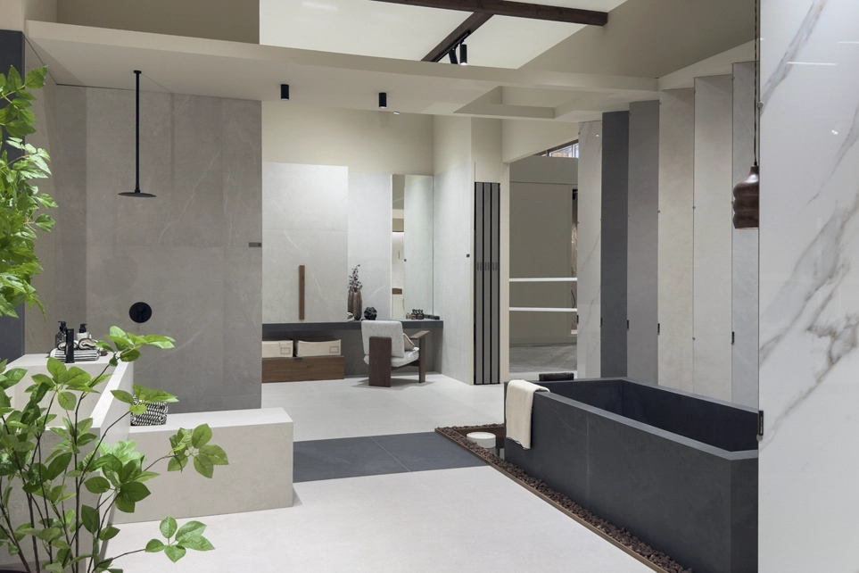 International trade fair stand with architectural design and display areas