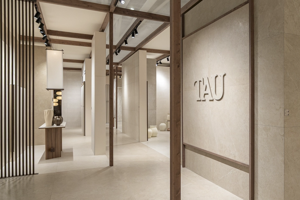 Japandi-style exhibition stand with dark wood and beige tiles