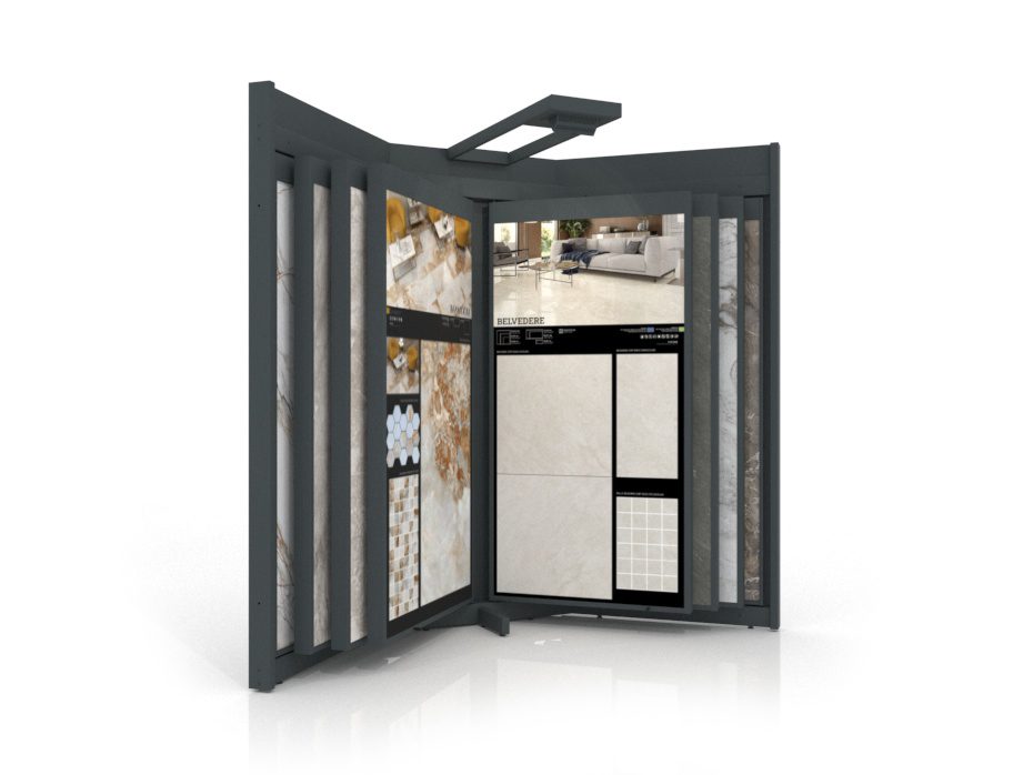 Mueble para exponer azulejos Book 12 antracita frontal luz