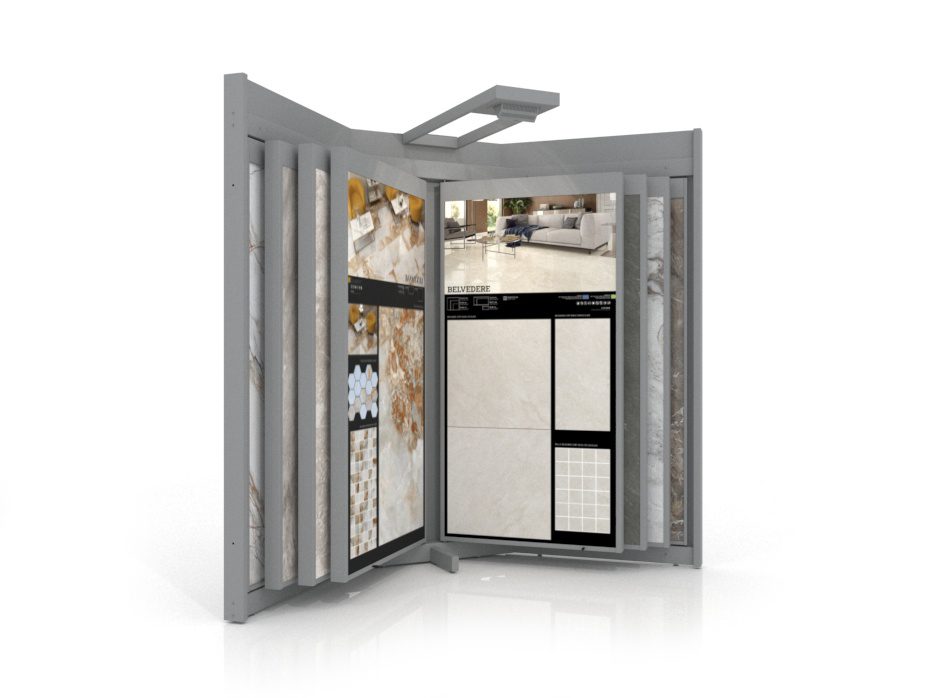 Mueble para exponer azulejos Book 12 frontal luz plata