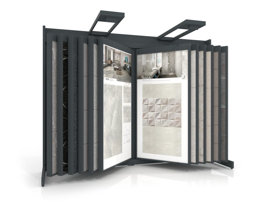 Expositor de azulejos Book 224 blanco con iluminación frontal antracita