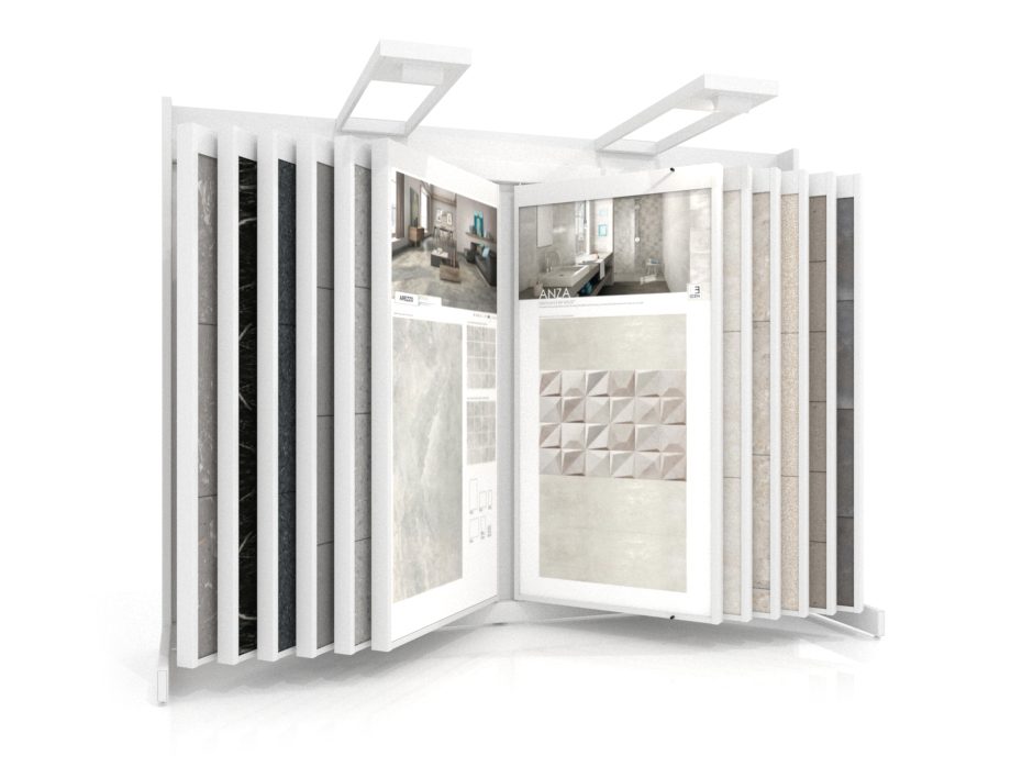 Expositor de azulejos Book 224 blanco con iluminación frontal