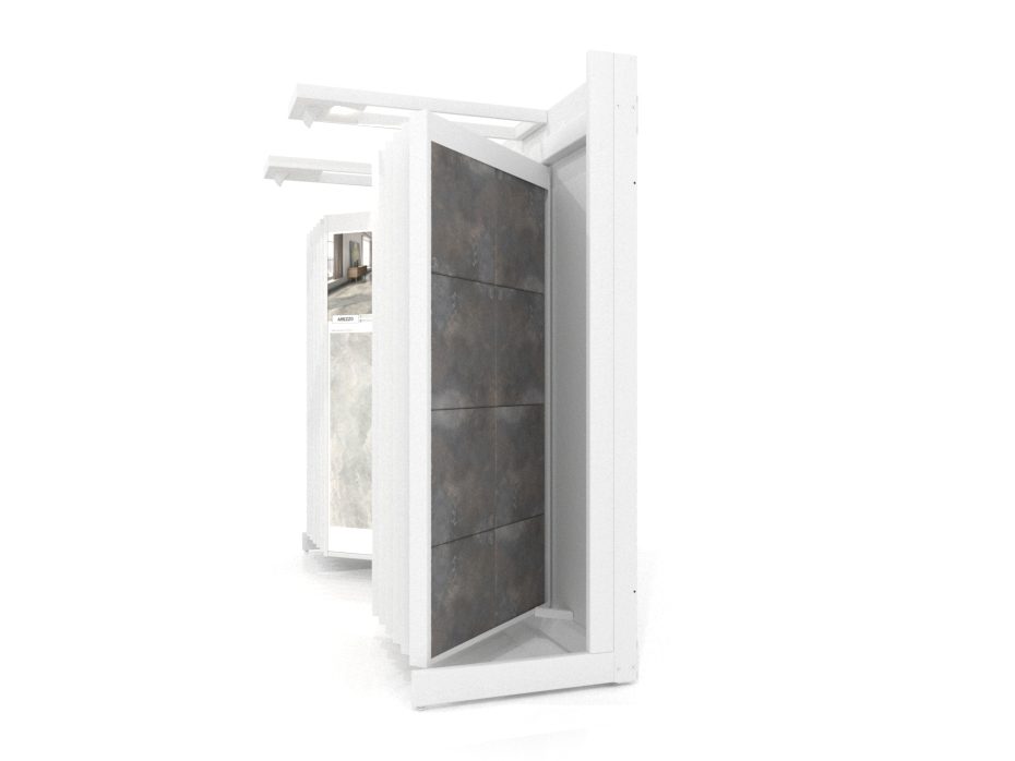 Expositor de azulejos Book 224 blanco con iluminación lateral