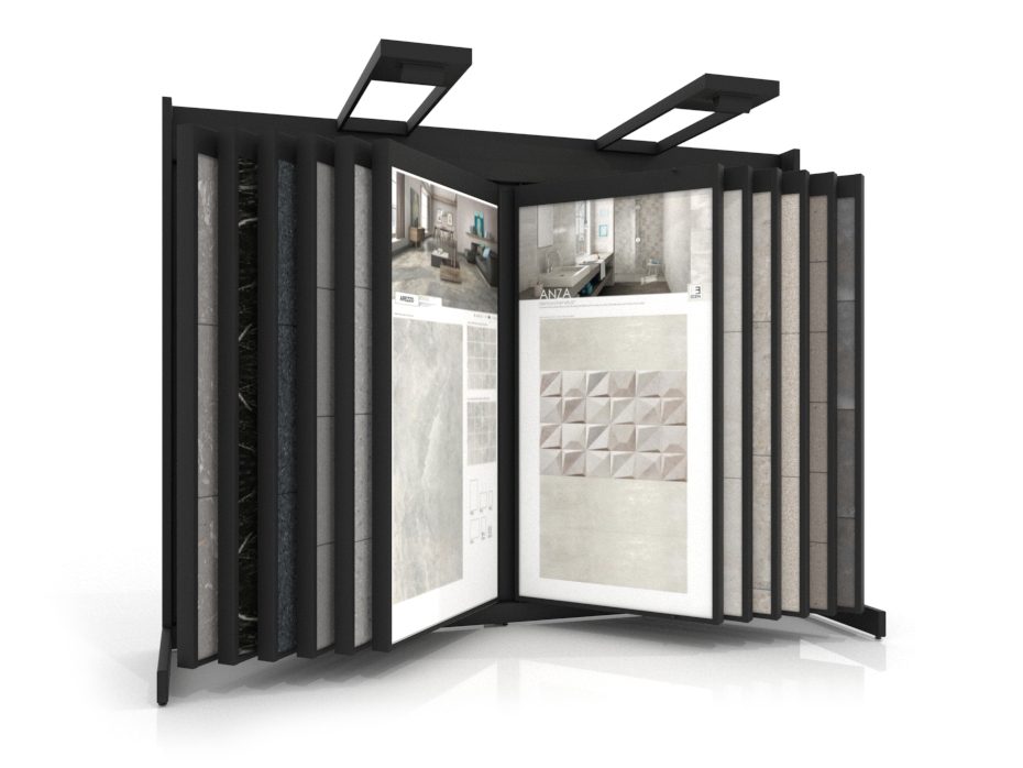 Expositor de azulejos Book 224 blanco con iluminación frontal negro