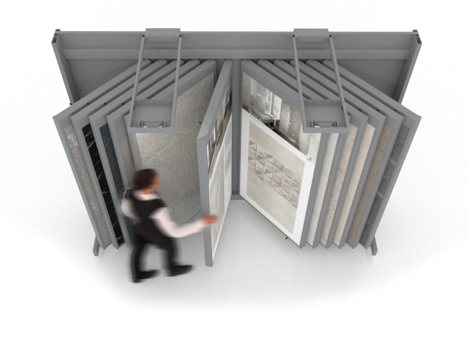 Expositor de azulejos Book 224 blanco con iluminación aérea plata