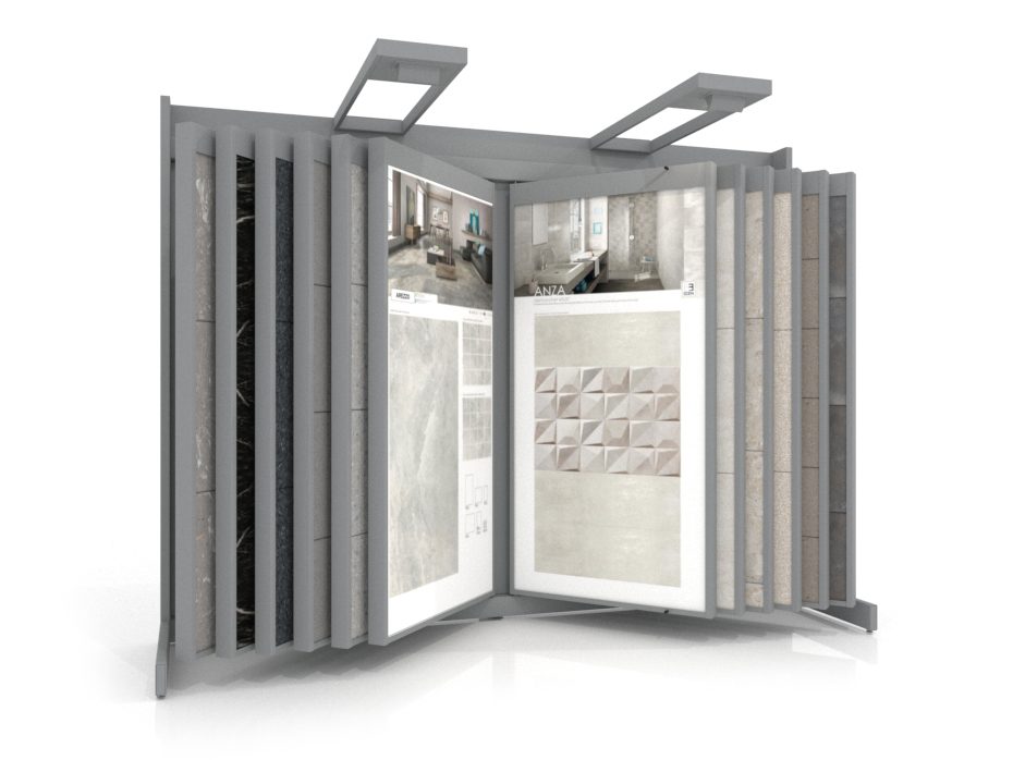 Expositor de azulejos Book 224 blanco con iluminación frontal plata