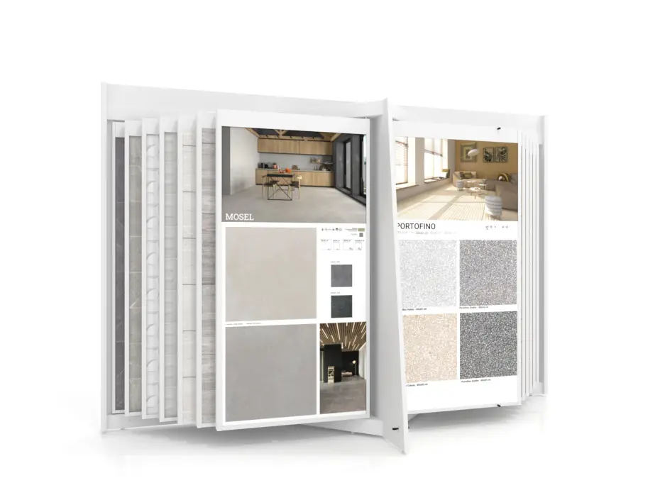 Expositor de azulejos tipo libro Book 24+2 sin luz 1924x1005 blanco frontal