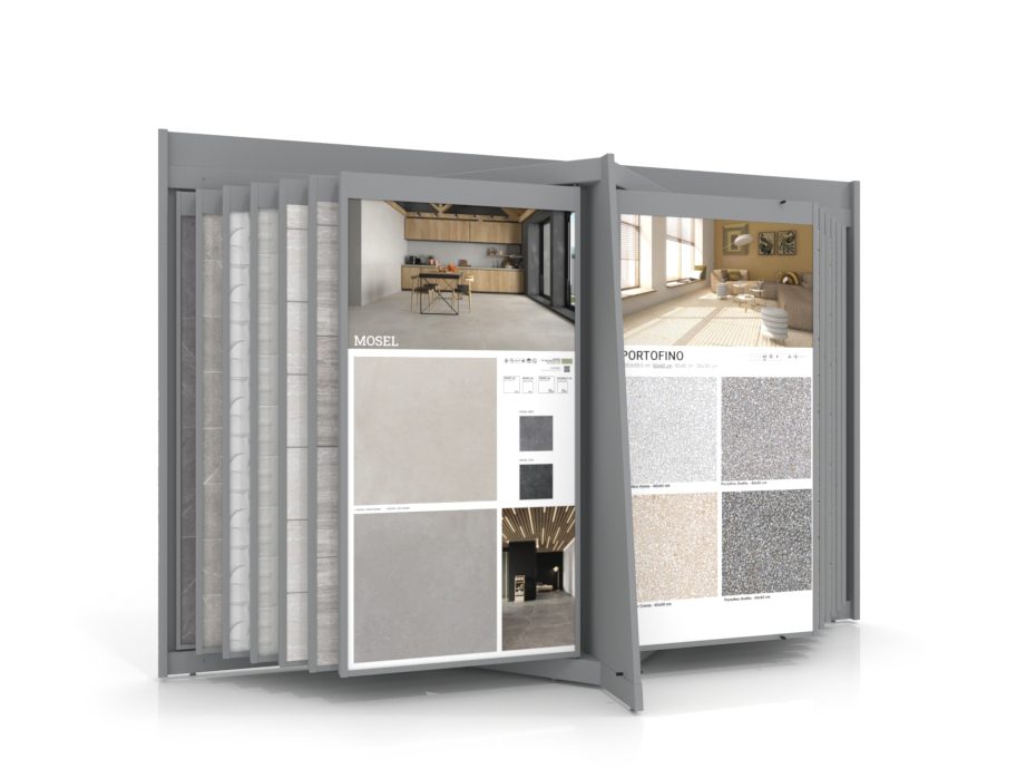 Expositor de azulejos tipo libro Book 24+2 sin luz 1924x1005 plata frontal
