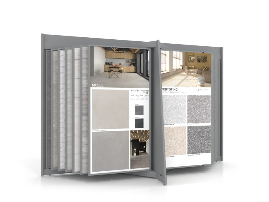 Expositor de azulejos tipo libro Book 24+2 2010x1005 plata frontal