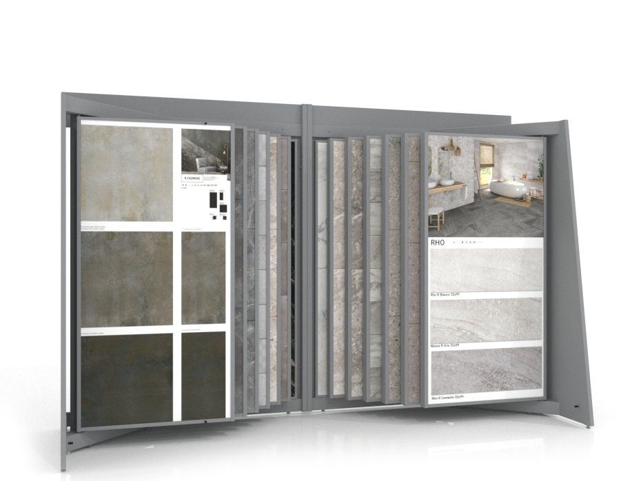 Expositor para cerámica Book 424+2 2010x1005 sin luz plata frontal