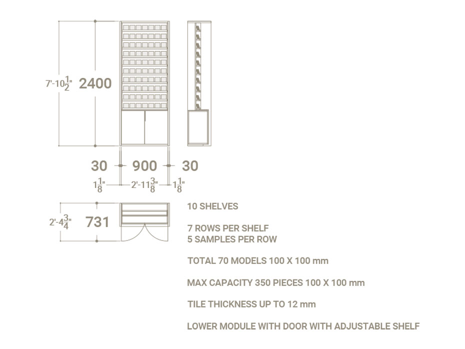 Expositor de azulejos vertical Boutique 10x10 90 con puerta madera plano