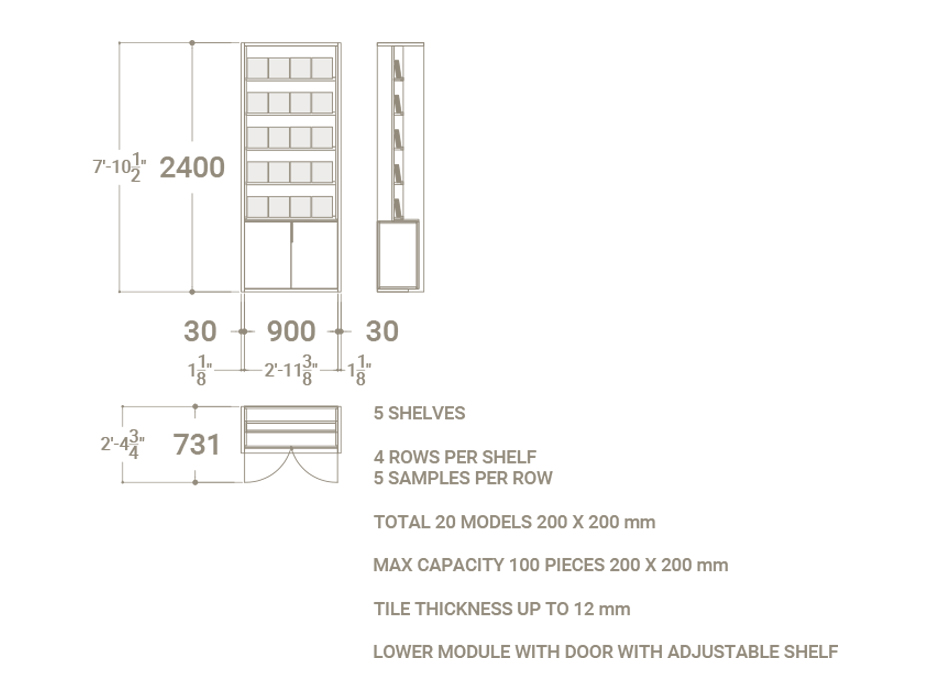 Estante expositor de baldosas cerámicas Boutique 20x20﻿​ 90 puerta madera plano