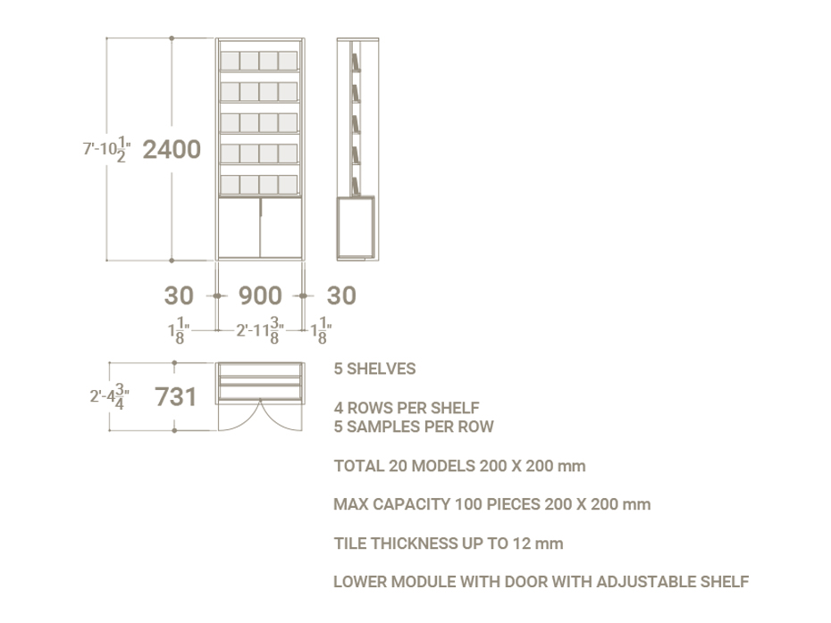 Estante expositor de baldosas cerámicas Boutique 20x20﻿​ 90 puerta madera plano