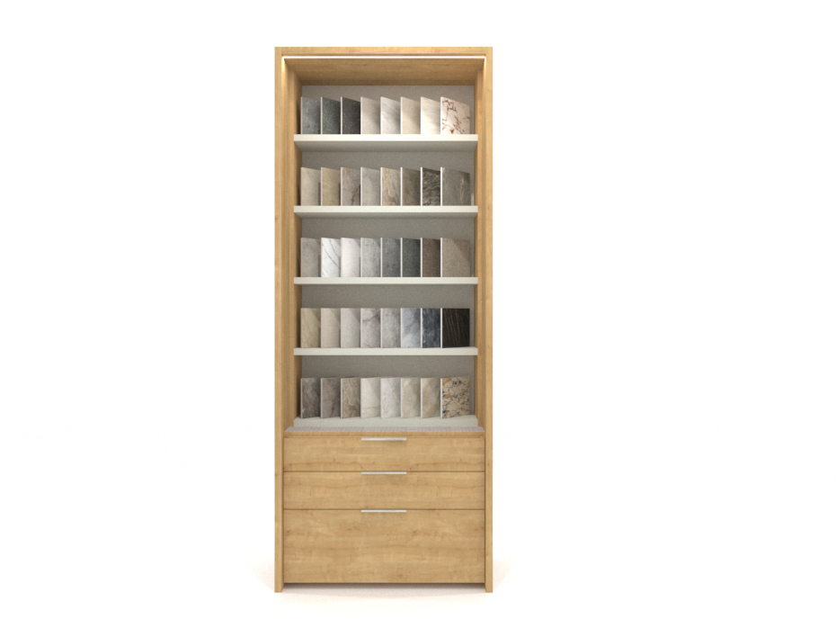 Expositor vertical para azulejos Boutique Ranuras Box madera frontal
