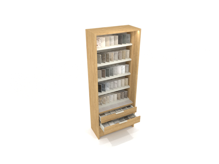 Expositor vertical para azulejos Boutique Ranuras Box sx madera lateral abierto