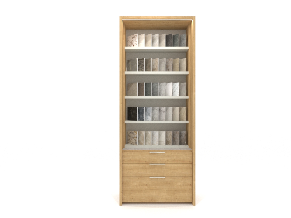 Expositor vertical para azulejos Boutique Ranuras Box madera frontal