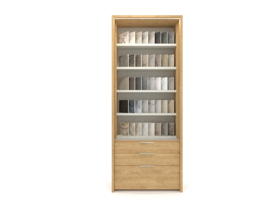 Expositor vertical para azulejos Boutique Ranuras Box sx madera frontal