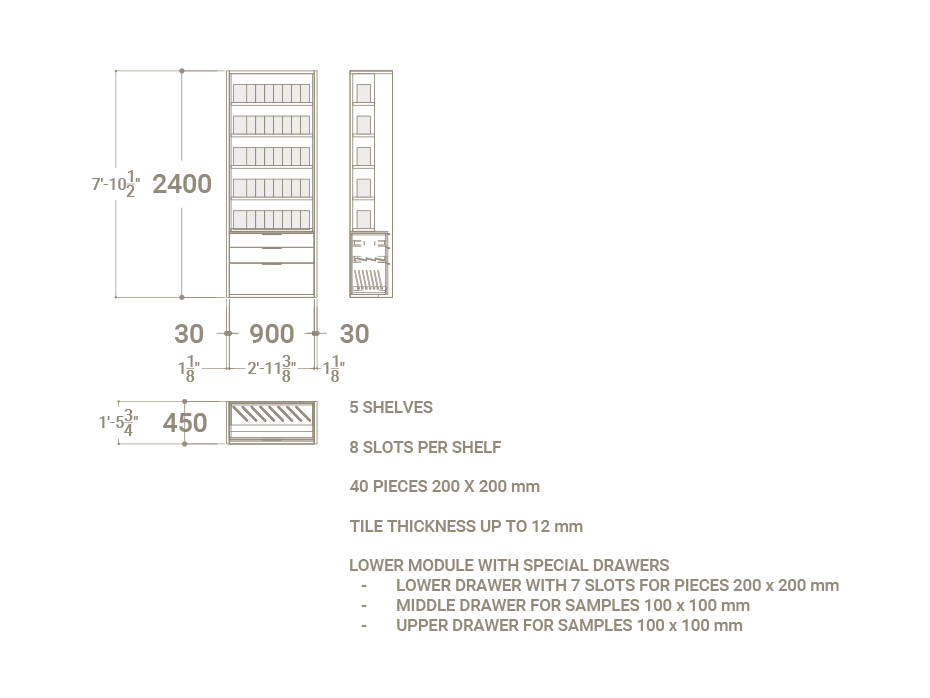 Expositor vertical para azulejos Boutique Ranuras Box madera plano