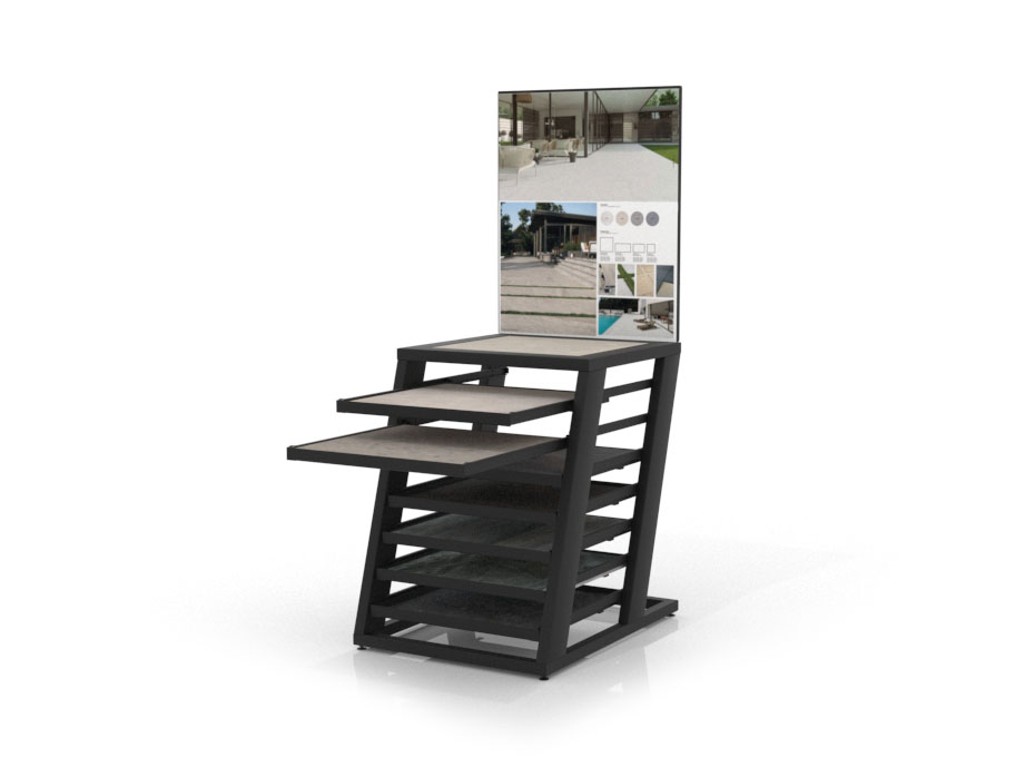 Expositor de azulejos para exterior Box Outdoor negro panel abierto