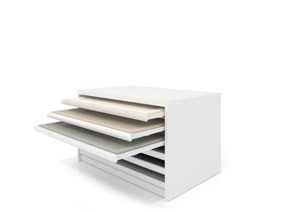 Cajonera para exponer platos de ducha Box blanco abierto