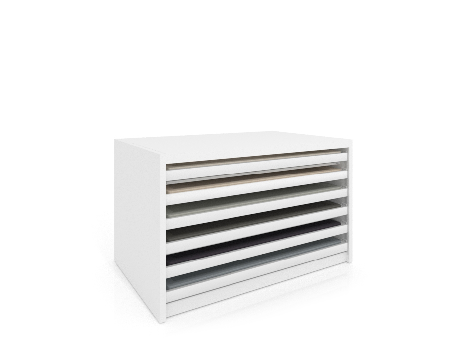 Cajonera para exponer platos de ducha Box blanco cerrado