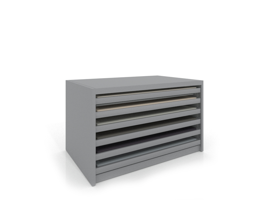 Cajonera para exponer platos de ducha Box plata frontal