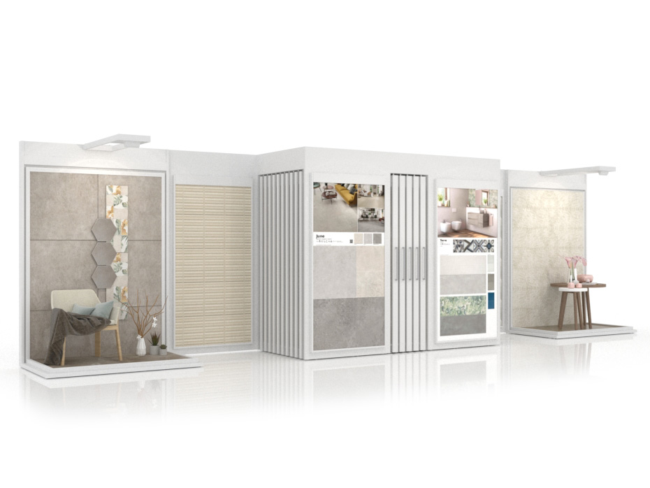 Ambientes y expositores de azulejos Composición 102 blanco luz lateral