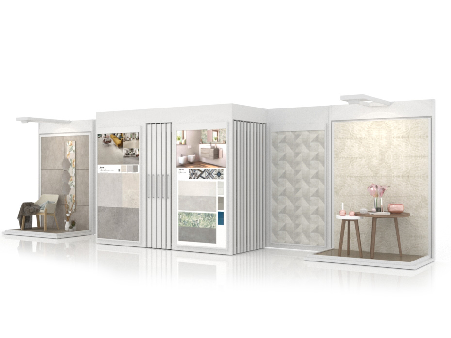 Ambientes y expositores de azulejos Composición 102 blanco luz lateral