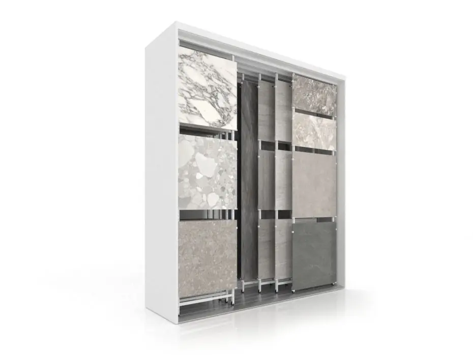 Expositor para azulejos Composition 118 blanco abierto lateral