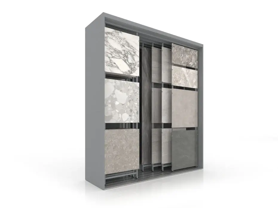 Expositor para azulejos Composition 118 plata lateral abierto