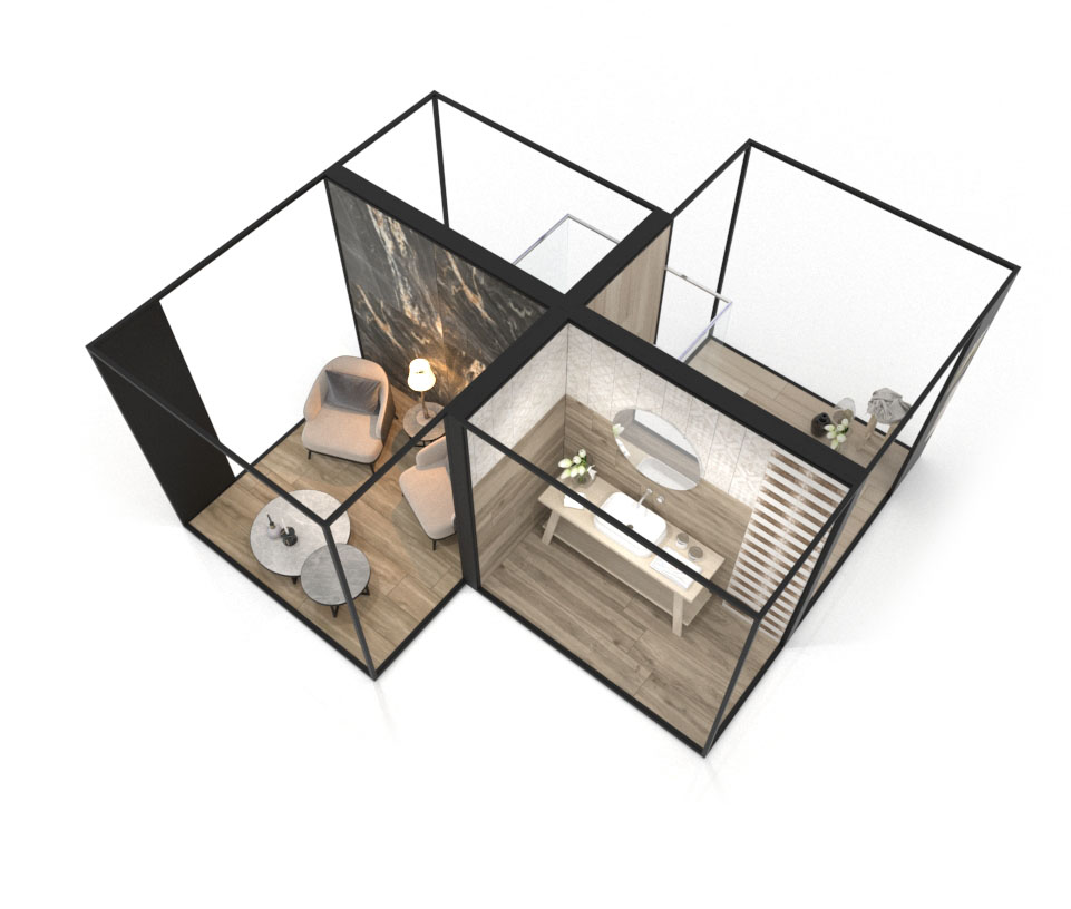 Ambiente para la exposición de cerámica Composition 135 negro aerea