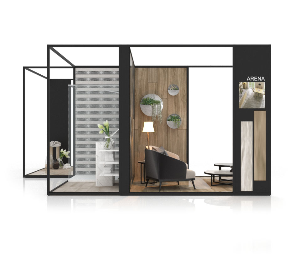 Ambiente para la exposición de cerámica Composition 135 negro lateral