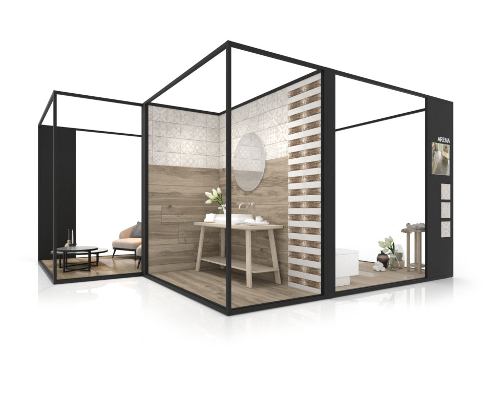 Ambiente para la exposición de cerámica Composition 135 negro frontal