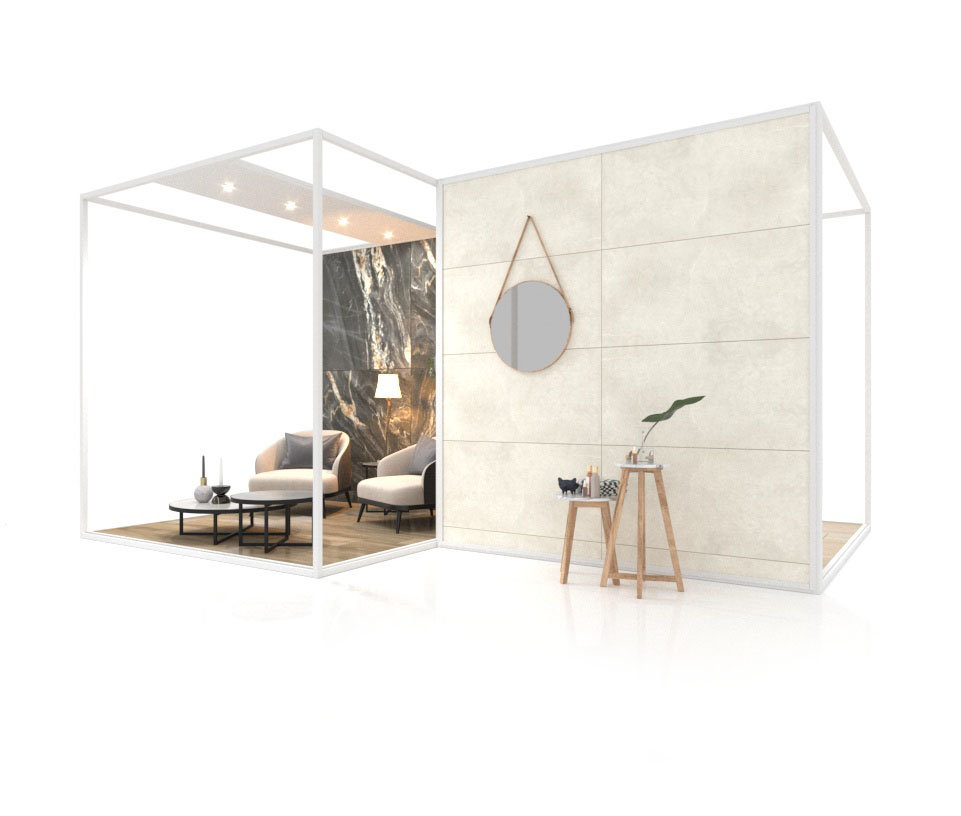 Ambiente expositivo de azulejos Composition 137 blanco luz frontal