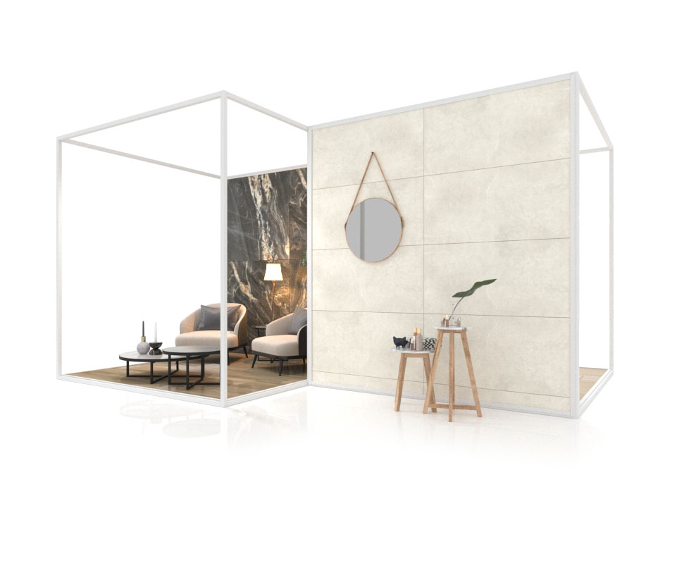 Ambiente expositivo de azulejos Composition 137 blanco lateral
