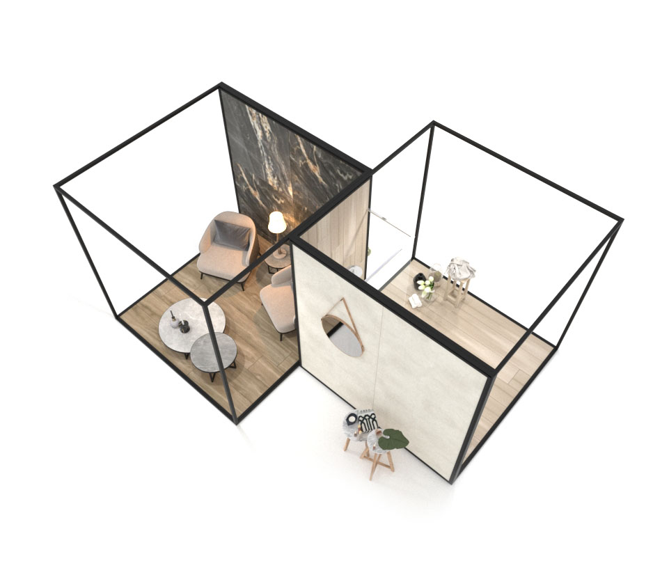 Ambiente expositivo de azulejos Composition 137 negro aerea