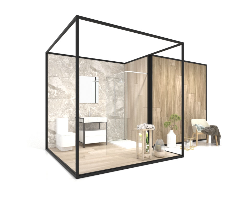 Ambiente expositivo de azulejos Composition 137 negro lateral