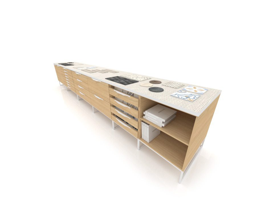 Mueble para exponer azulejos banco de trabajo UP! blanco frontal