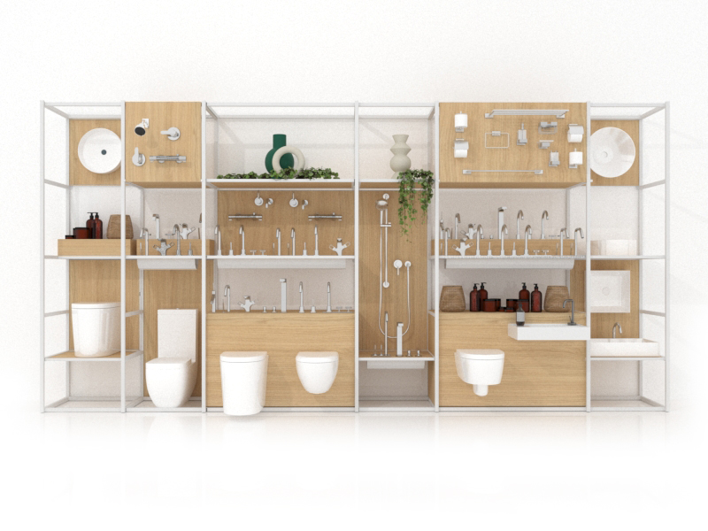 Expositor para accesorios de baño Composición 180 one face madera vicenza blanco frontal