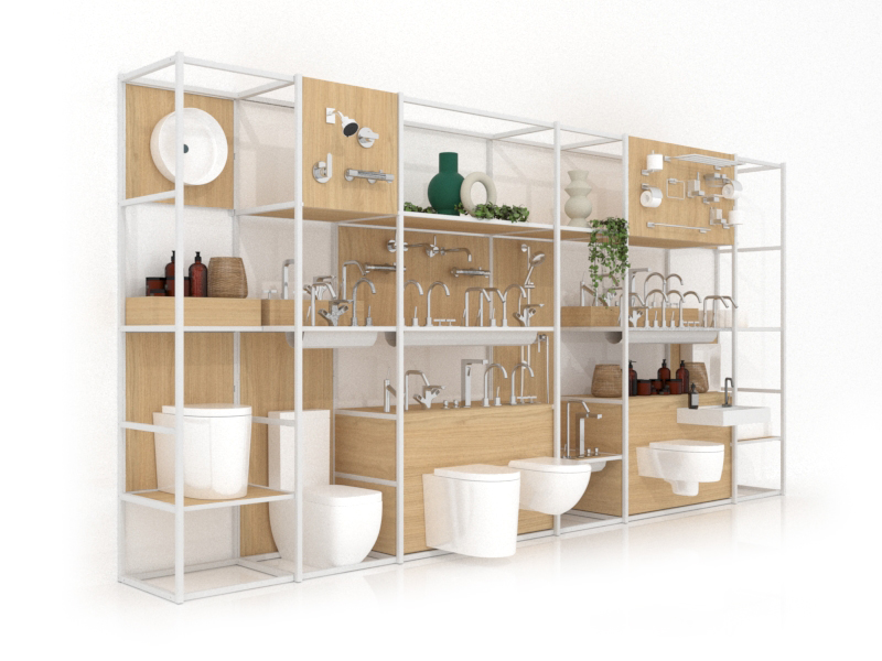 Expositor para accesorios de baño Composición 180 one face madera vicenza blanco lateral