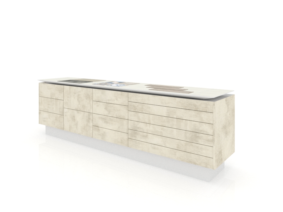Banco expositor para cerámica Composición 189 blanco lateral