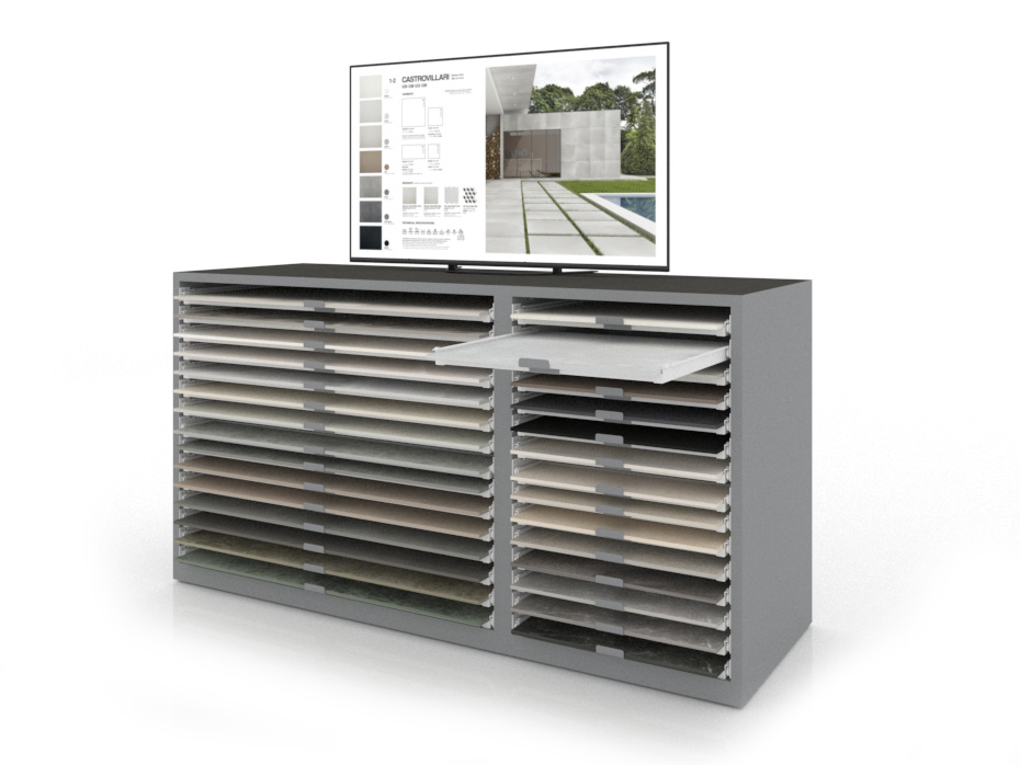 Cajonera digital para exponer azulejos Composición 191 plata bolon izquierda