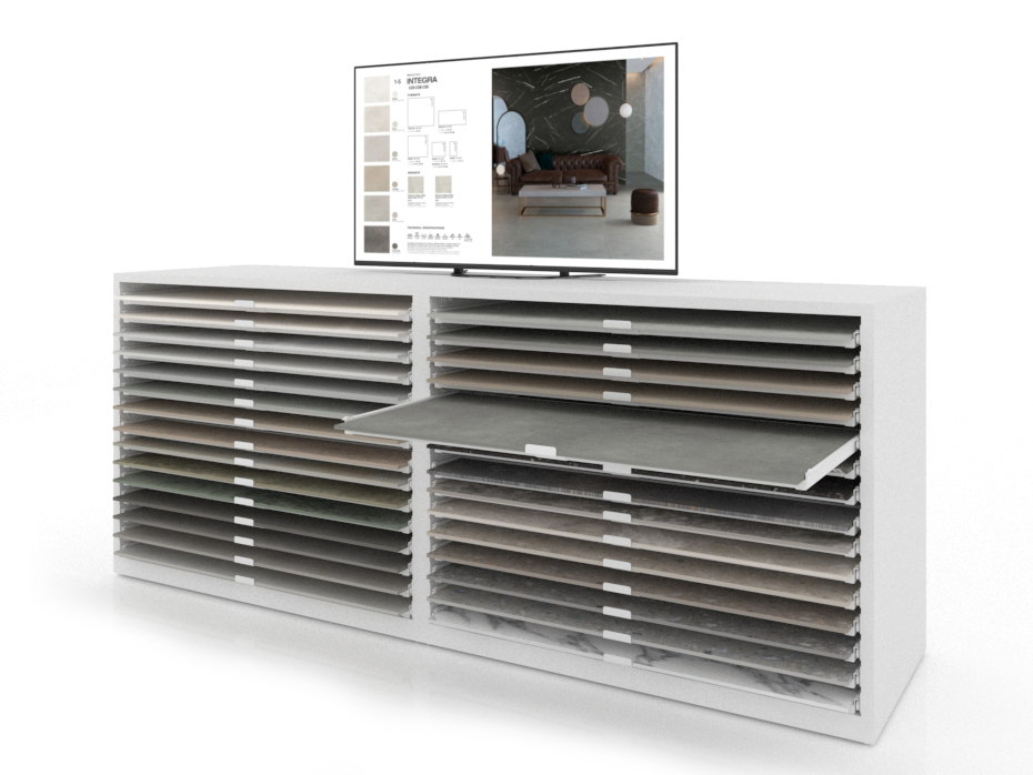 Cajonera digital para exponer azulejos Composición 192 blanco izquierda