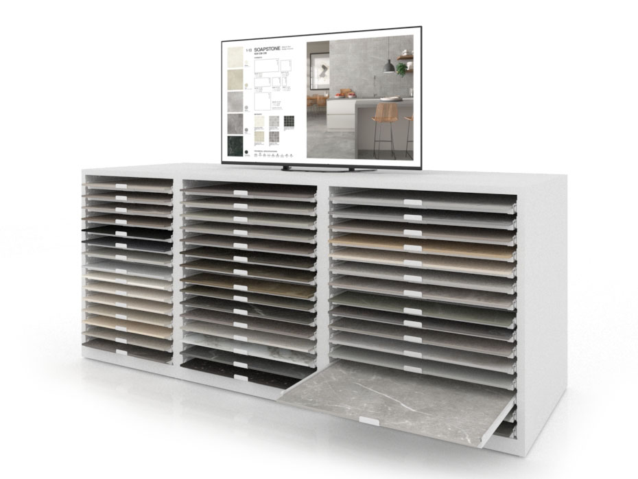 Cajonera digital para exponer azulejos Composición 193 blanco derecha