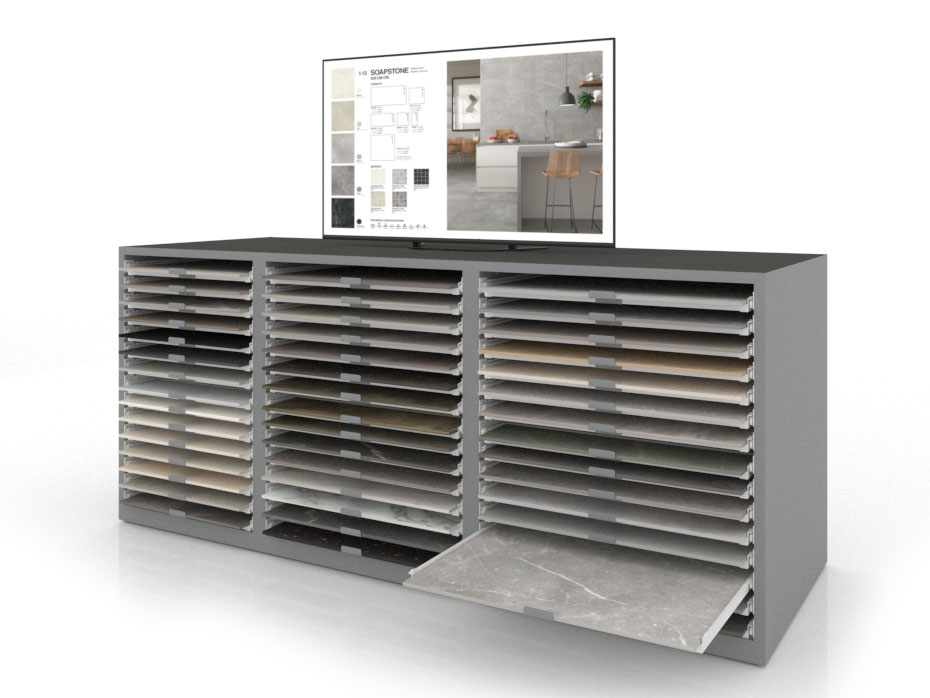 Cajonera digital para exponer azulejos Composición 193 plata bolon derecha