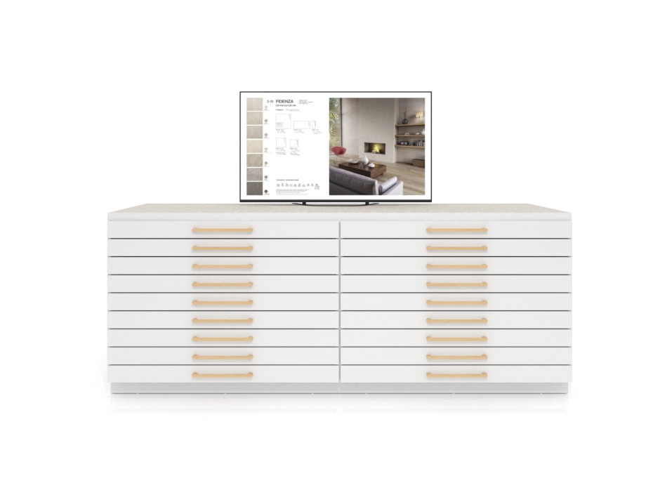 Expositor digital para cerámica Composición 223 blanco frontal